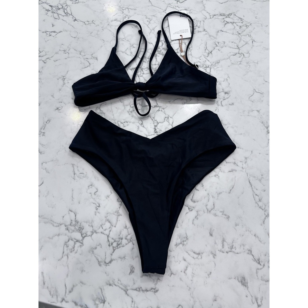 New Quince Black Knot Tie Bikini Top & V Cut High Leg Bottom Set Size Small
